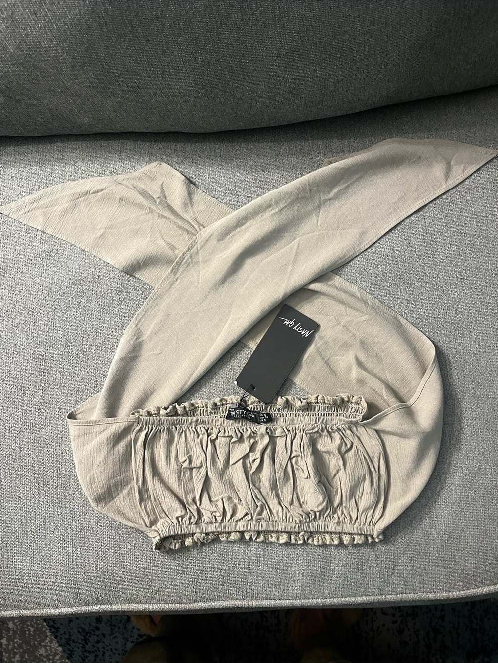 NASTY GAL Stone Smocked Bandeau Top with Wrap Ties